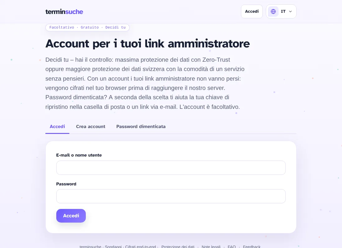 Pagina dell’account con accesso e creazione dell’account
