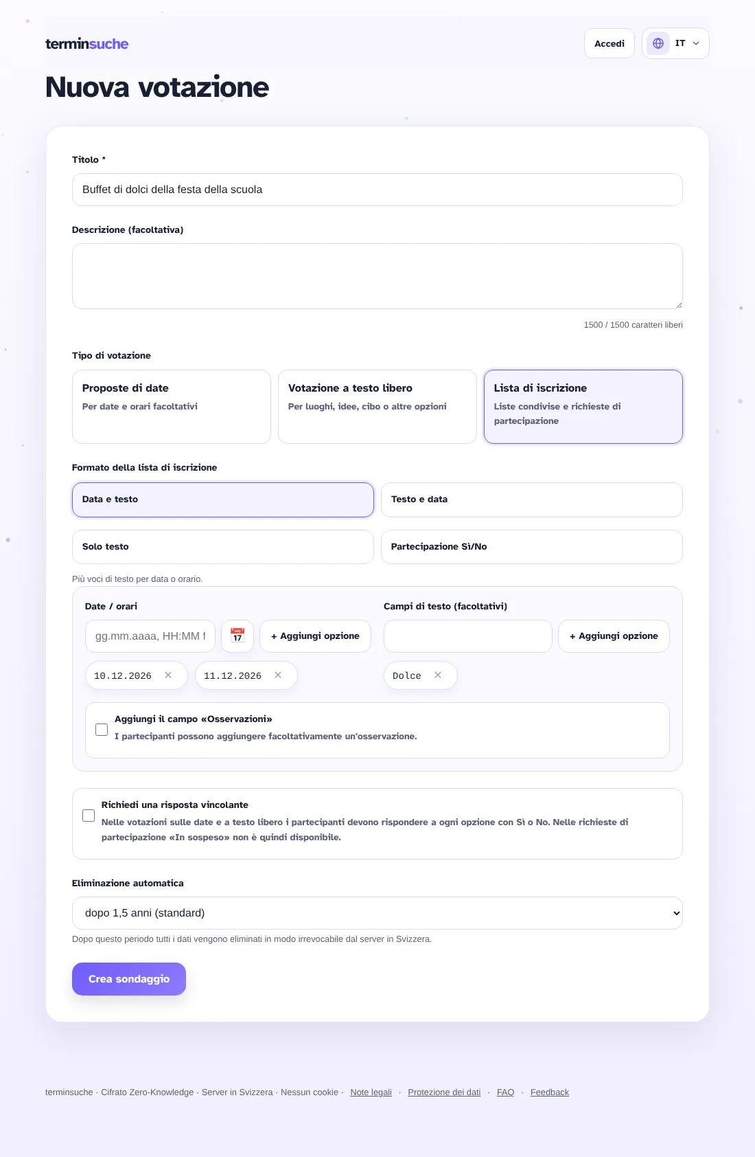 Modulo per creare una lista di iscrizione con date e testi