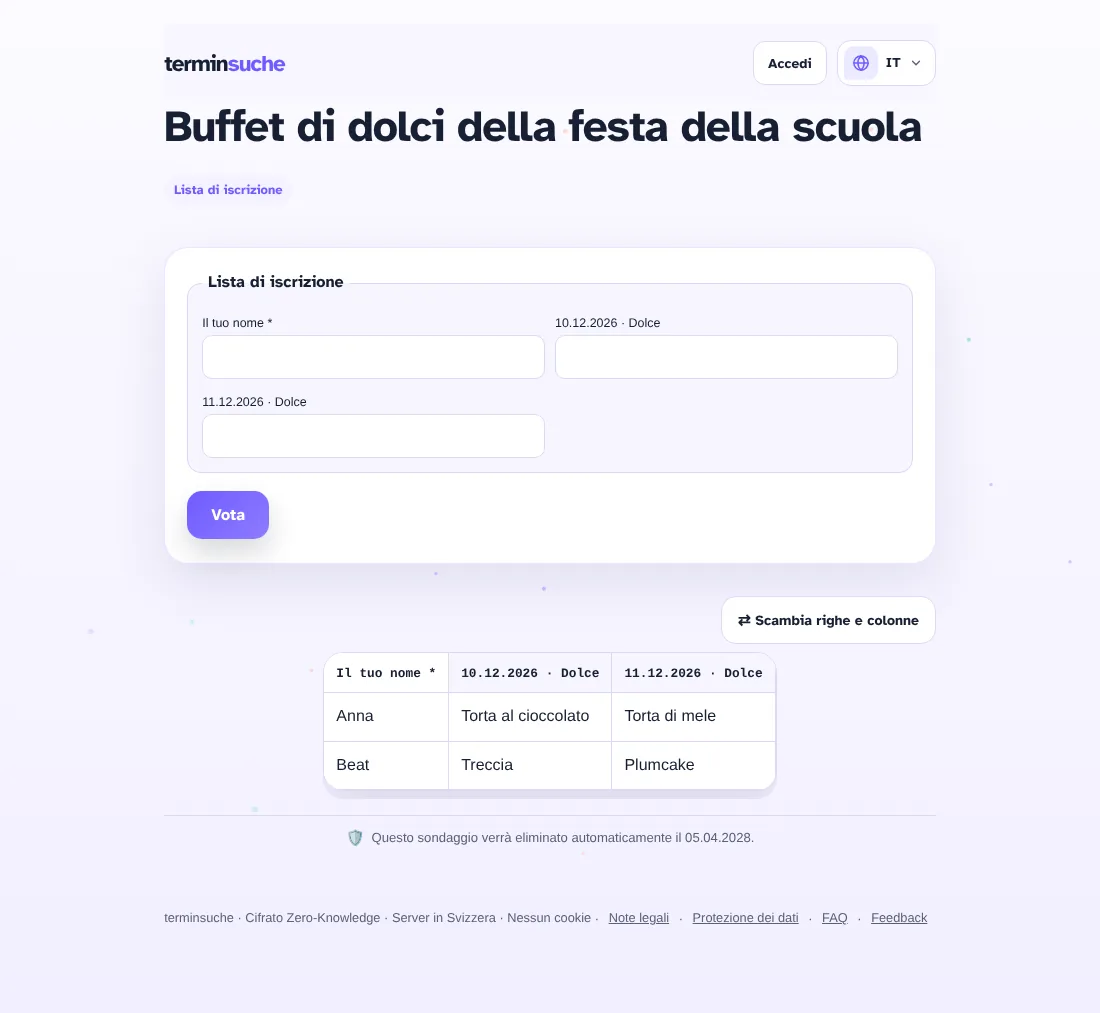Lista di iscrizione con le voci di due persone