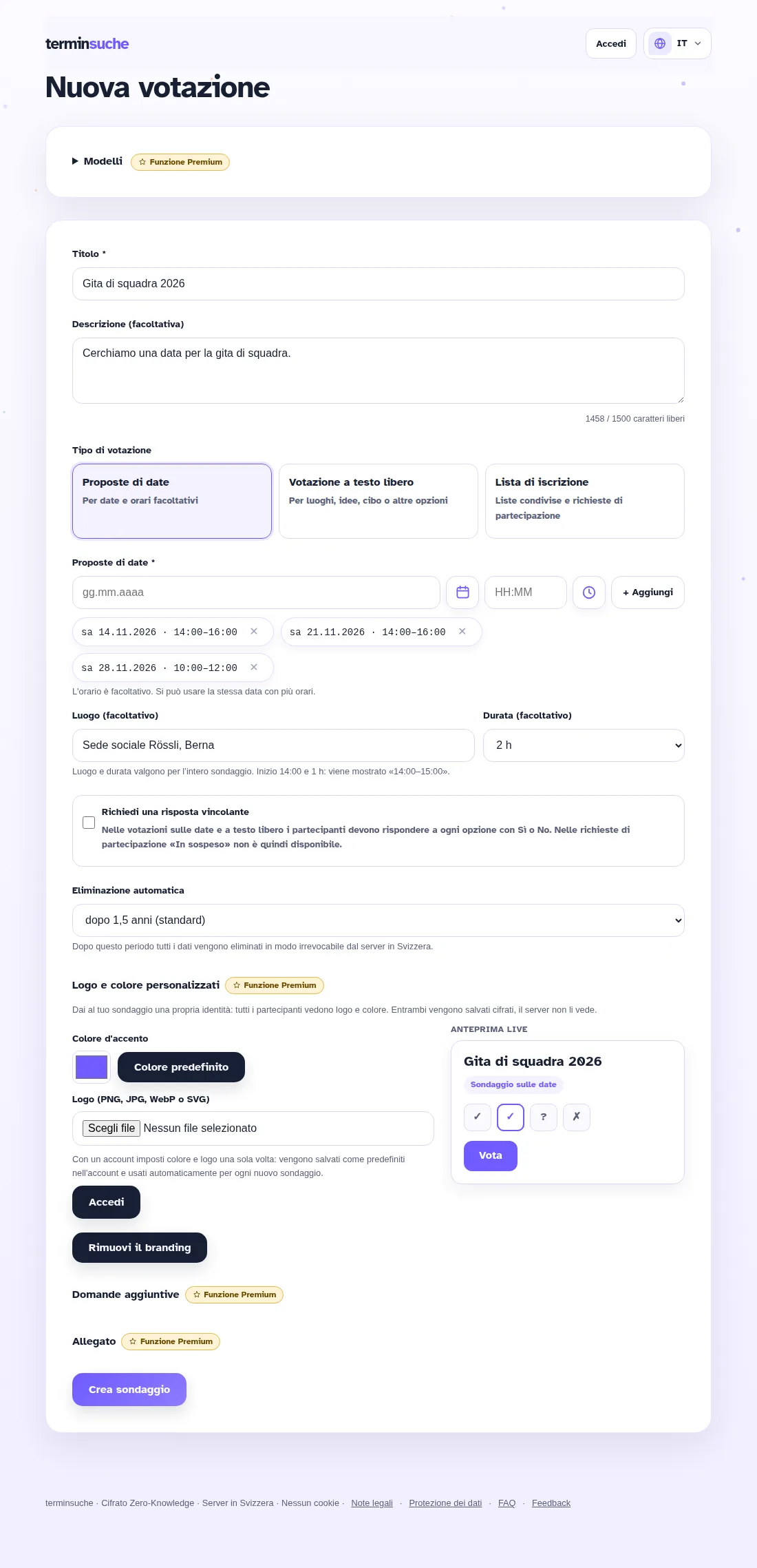 Modulo per creare un sondaggio di date con luogo, durata e tre proposte
